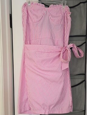SHEIN Pink & White Vertical-Stripe Strapless Mini Dress with Waist Tie